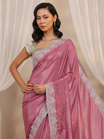 Mauve Embellished Satin Saree With Unstitched Blouse Piece