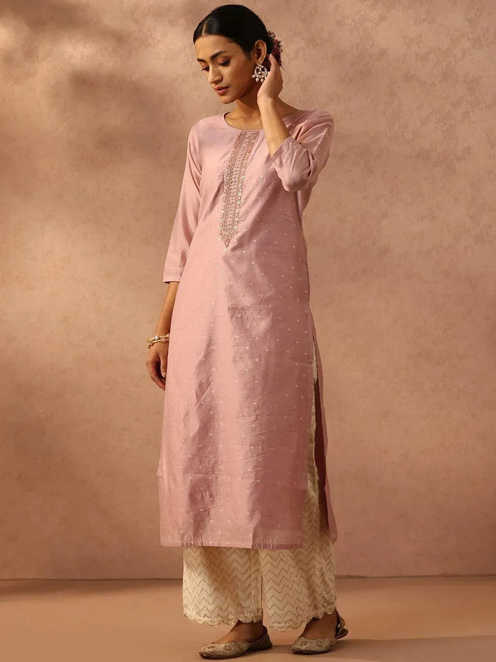 Mauve Embroidered Chanderi Silk Straight Kurta - Libas