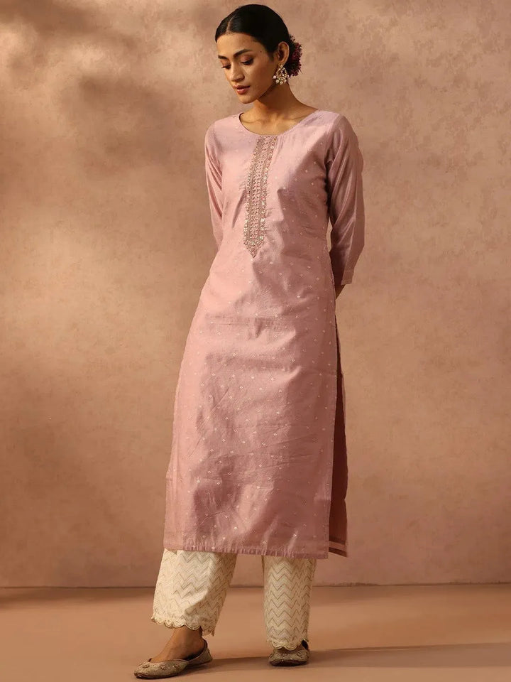 Mauve Embroidered Chanderi Silk Straight Kurta - Libas