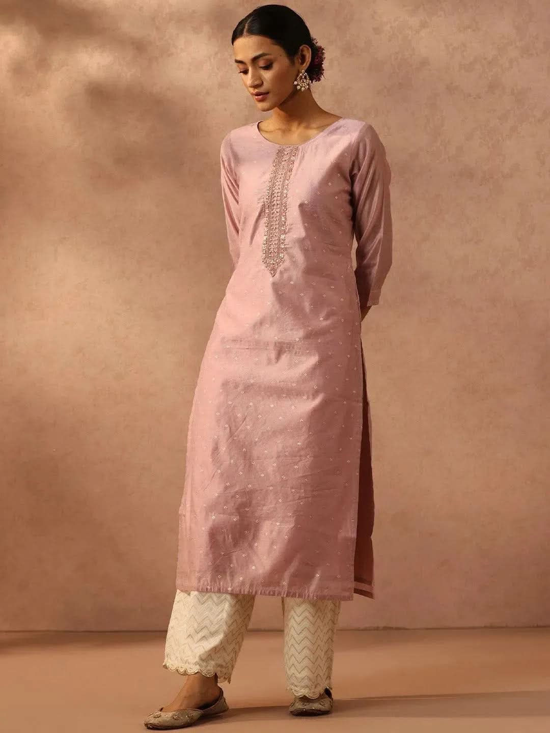 

Mauve Embroidered Chanderi Silk Straight Kurta