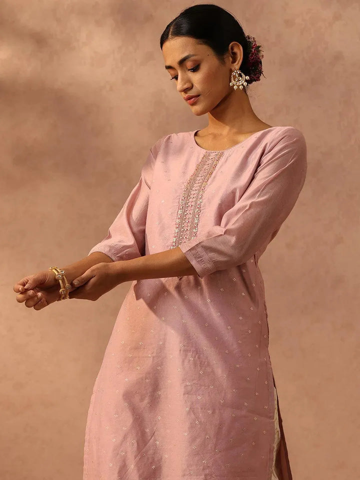 Mauve Embroidered Chanderi Silk Straight Kurta - Libas