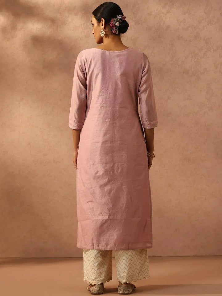 Mauve Embroidered Chanderi Silk Straight Kurta - Libas