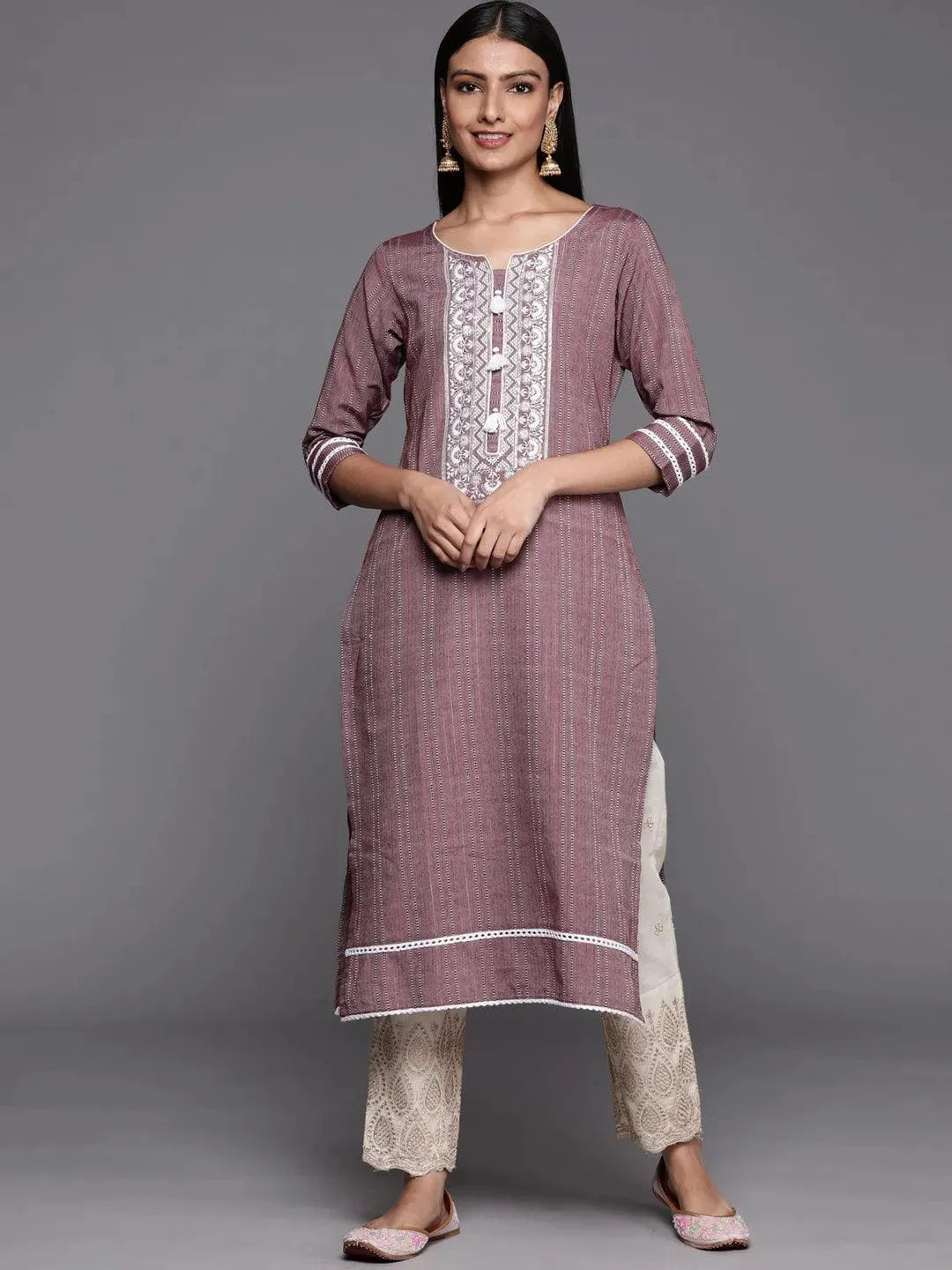 Mauve Embroidered Cotton Straight Kurta - Libas