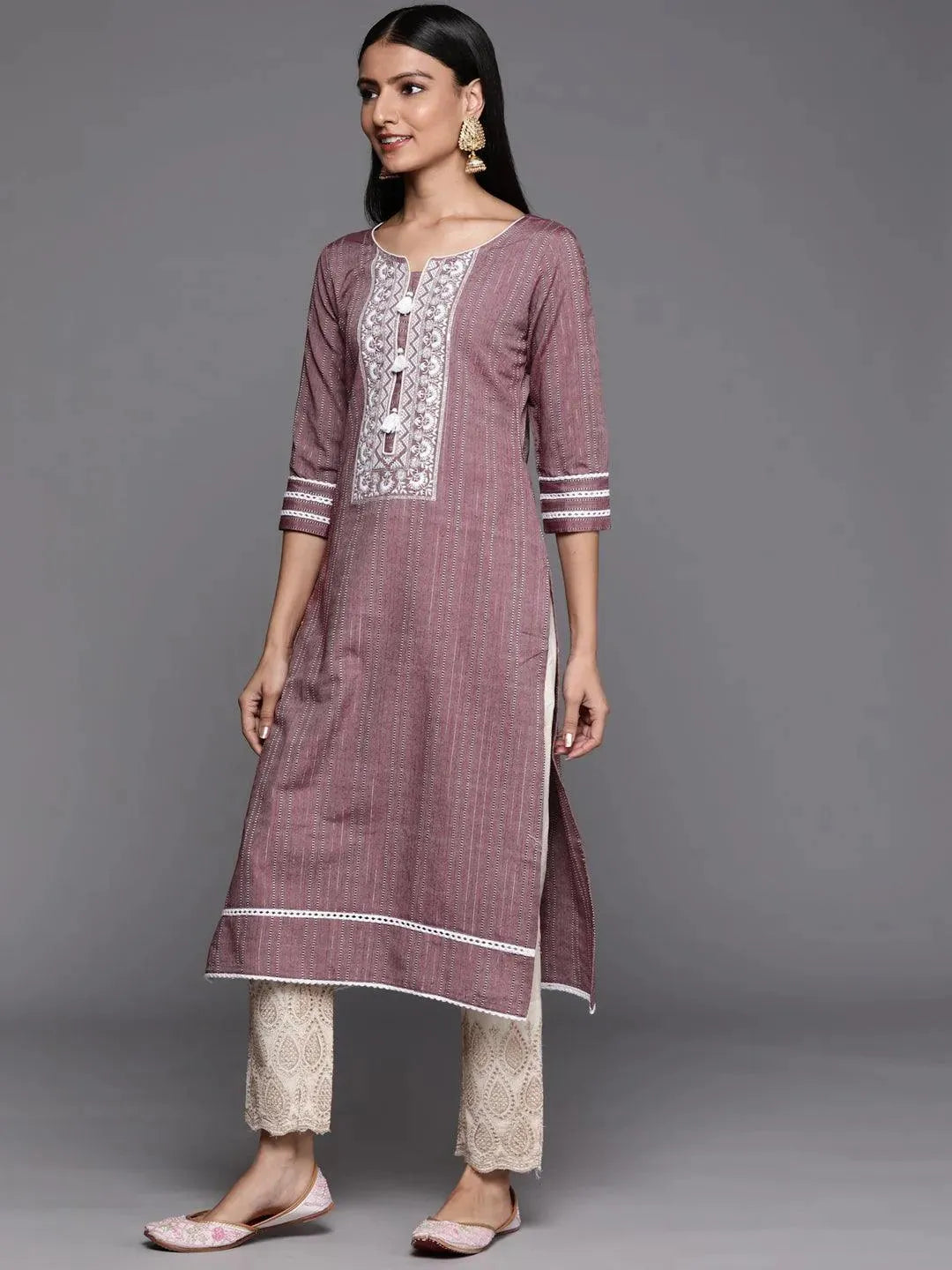 Mauve Embroidered Cotton Straight Kurta - Libas 