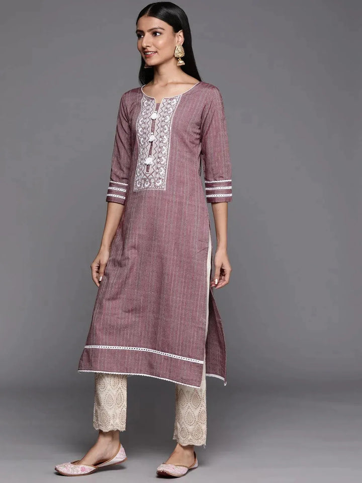 Mauve Embroidered Cotton Straight Kurta - Libas