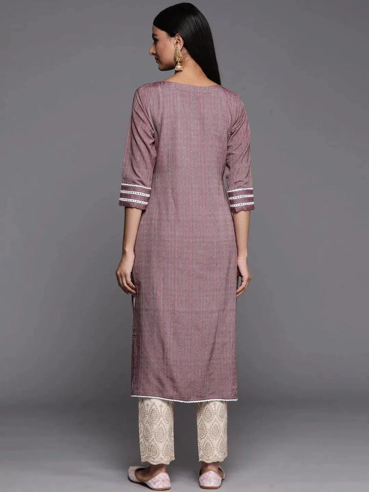 Mauve Embroidered Cotton Straight Kurta - Libas
