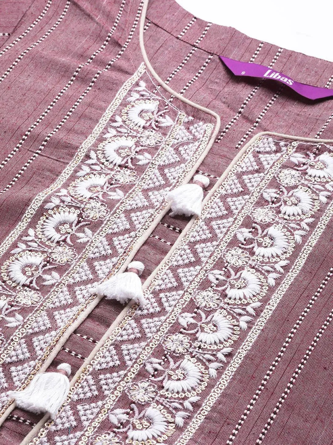 Mauve Embroidered Cotton Straight Kurta - Libas 