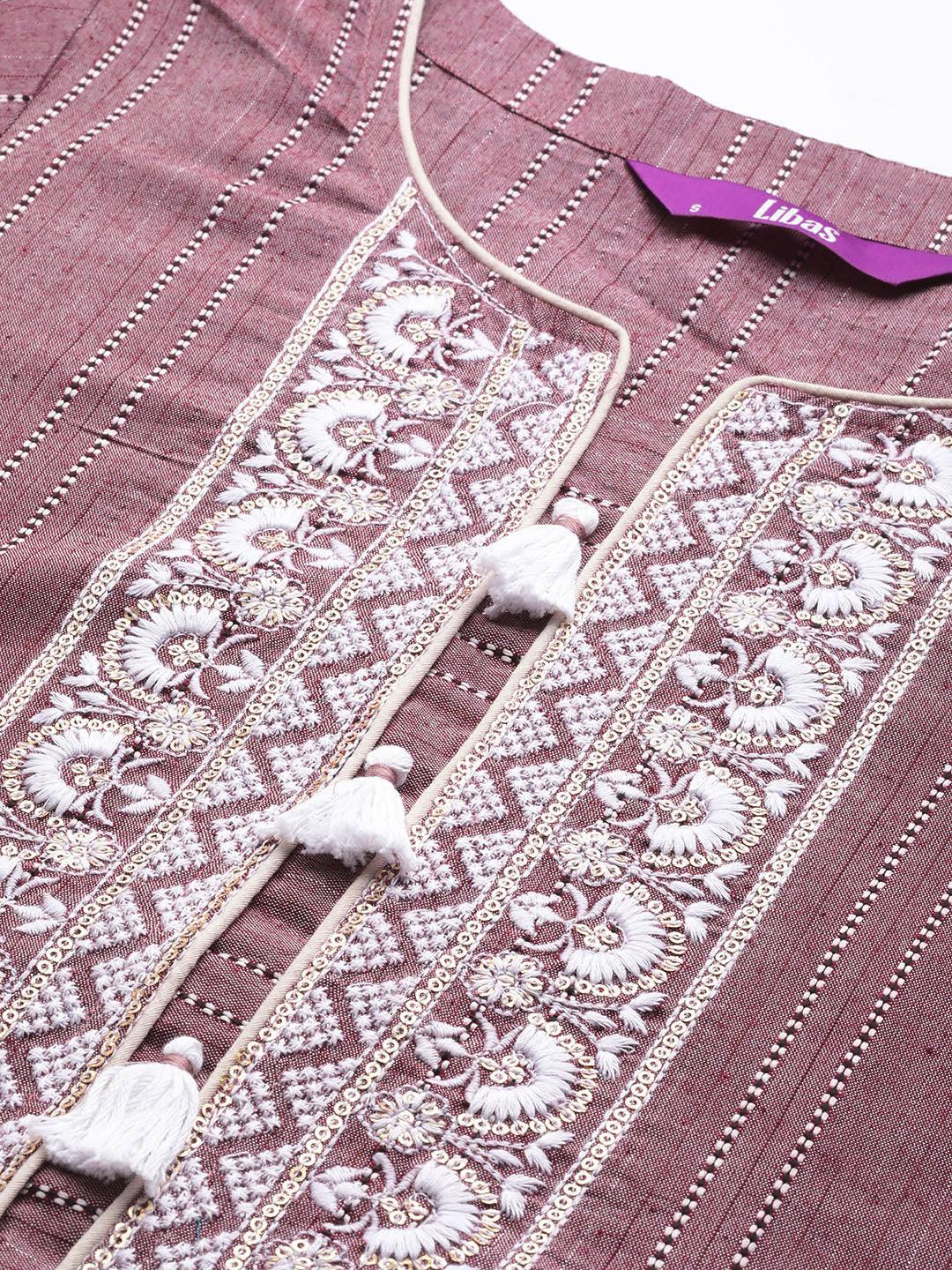 Mauve Embroidered Cotton Straight Kurta - Libas