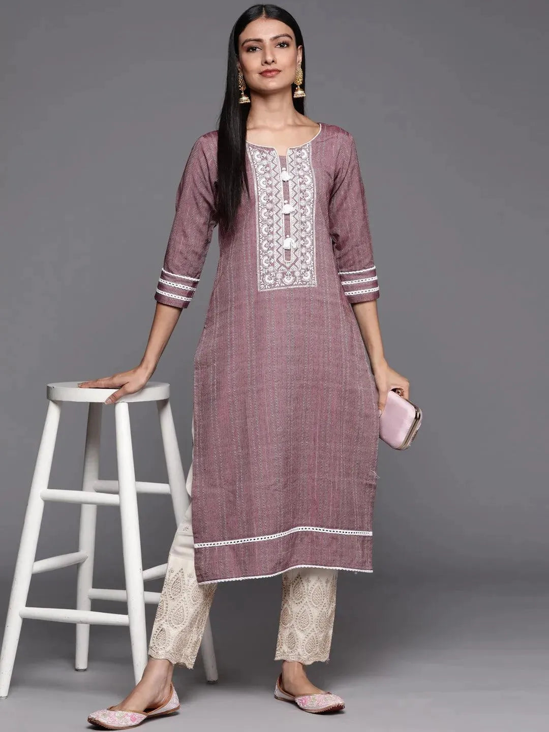 Mauve Embroidered Cotton Straight Kurta - Libas 
