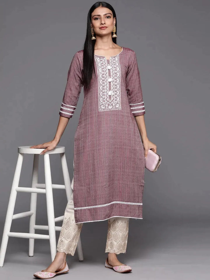 Mauve Embroidered Cotton Straight Kurta - Libas