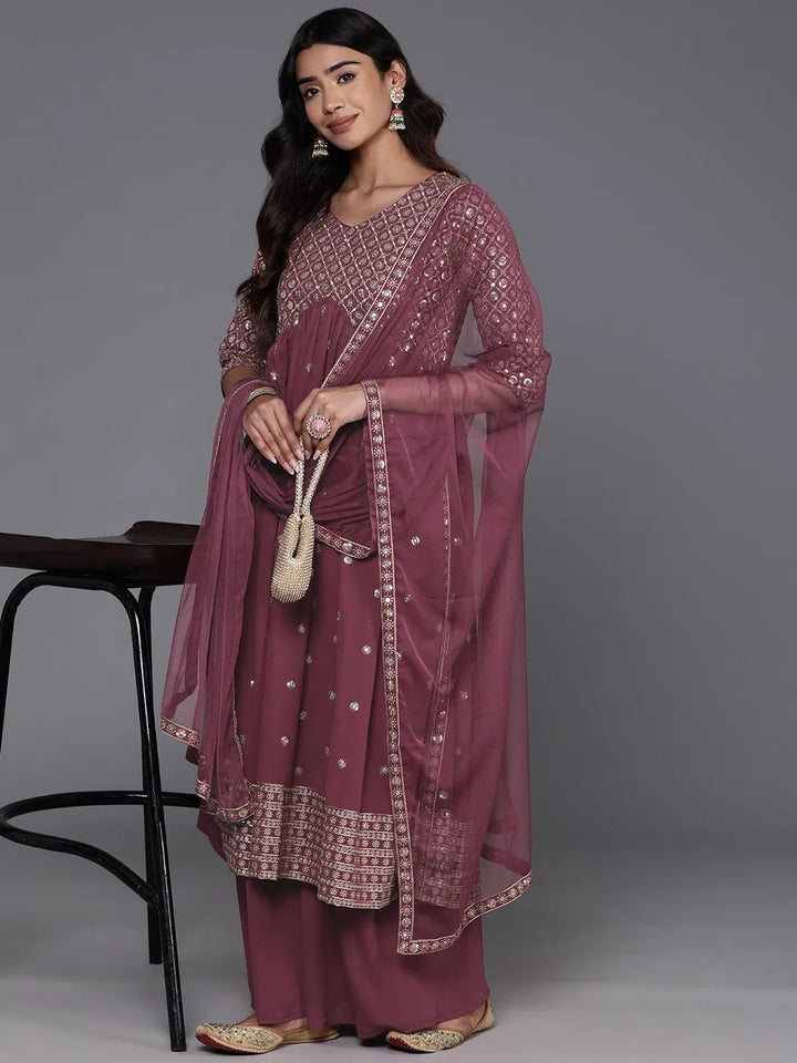 Mauve Embroidered Georgette A-Line Kurta With Palazzos & Dupatta - Libas