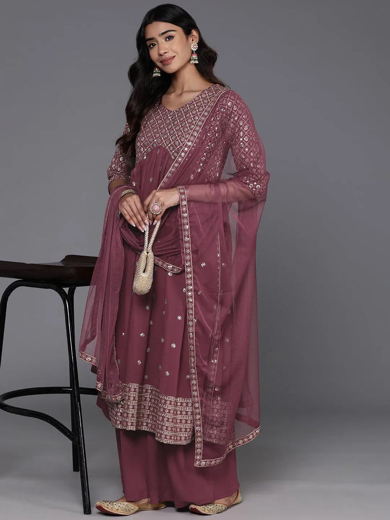 Libas Mauve Embroidered Georgette A-Line Kurta With Palazzos & Dupatta