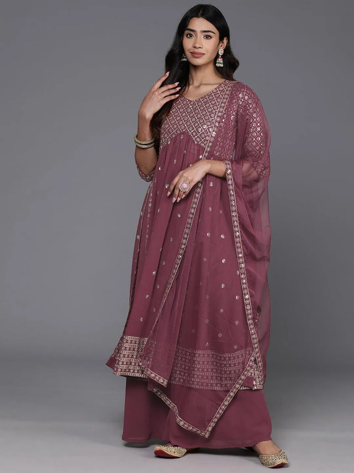 Mauve Embroidered Georgette A-Line Kurta With Palazzos & Dupatta - Libas