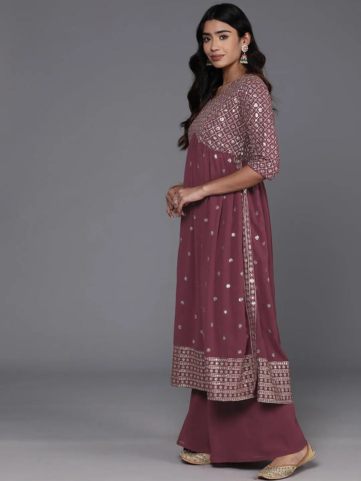 Mauve Embroidered Georgette A-Line Kurta With Palazzos & Dupatta - Libas