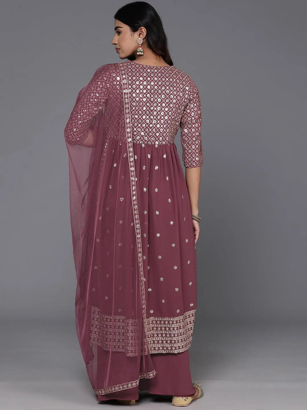 Mauve Embroidered Georgette A-Line Kurta With Palazzos & Dupatta - Libas