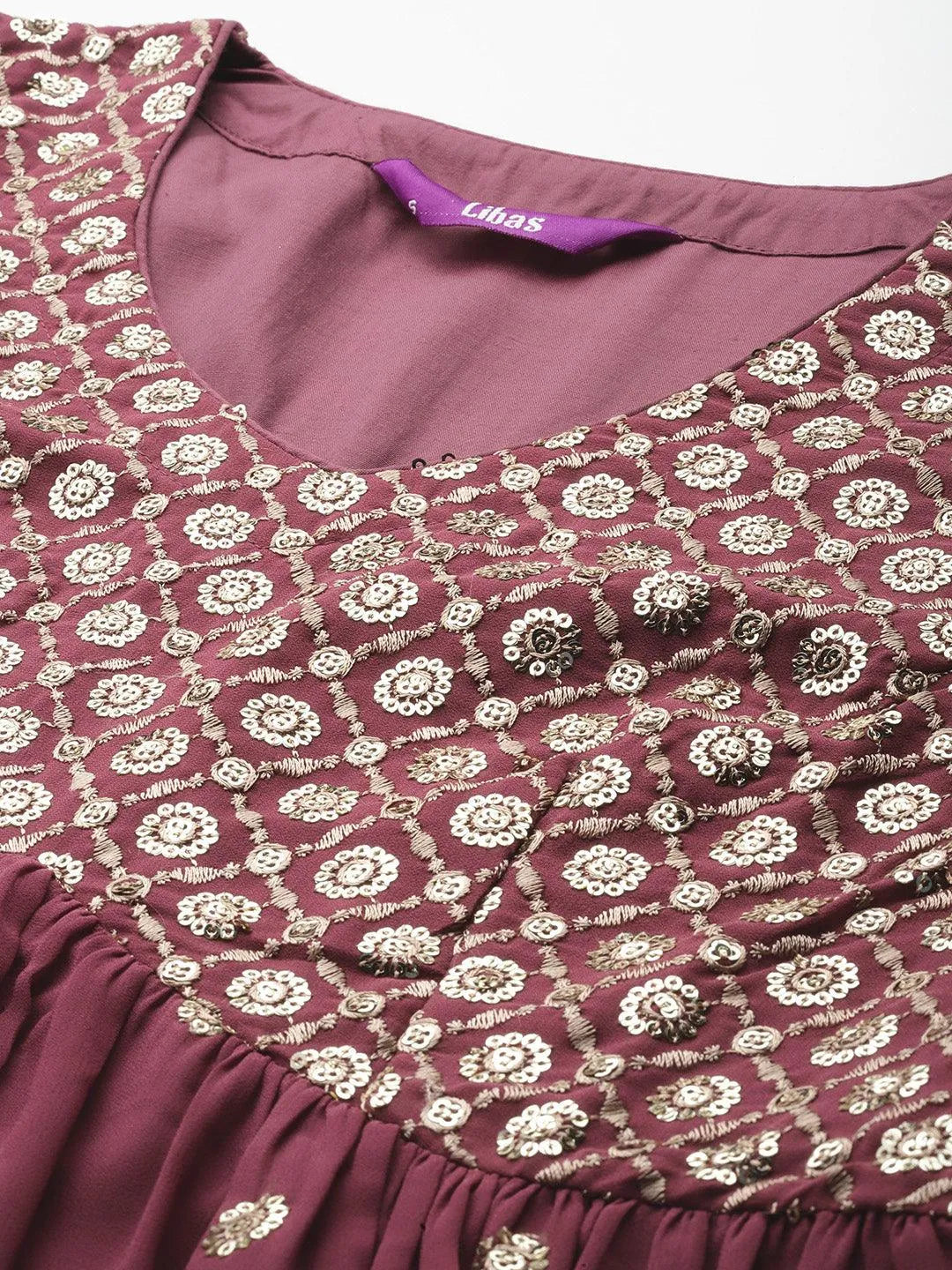 Mauve Embroidered Georgette A-Line Kurta With Palazzos & Dupatta - Libas 