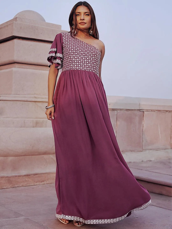 Mauve Embroidered Georgette Gown - Libas