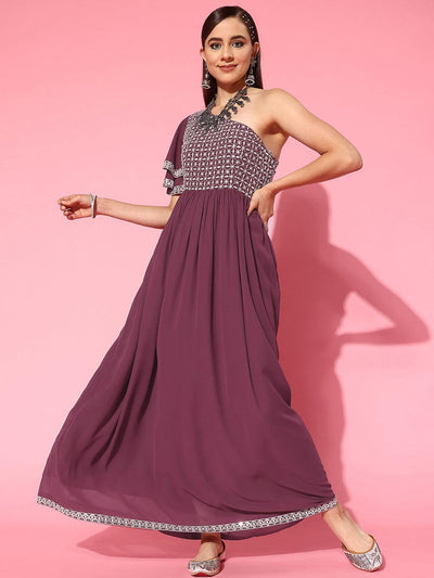 Mauve Embroidered Georgette Gown - Libas