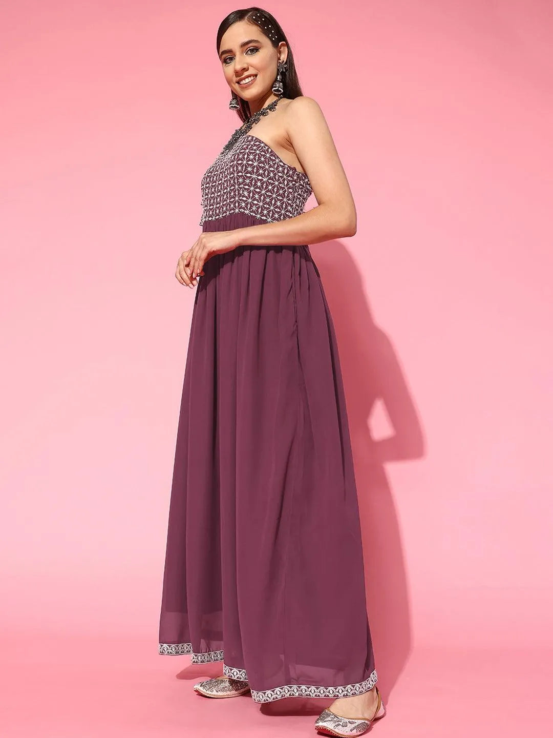 Mauve Embroidered Georgette Gown - Libas