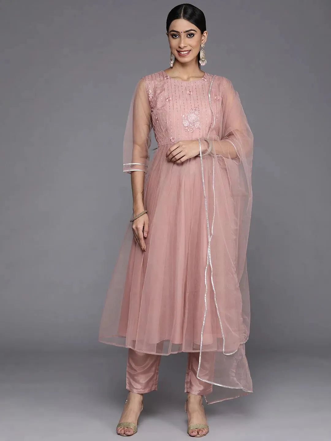 Mauve Embroidered Net Anarkali Suit Set With Trousers - Libas 