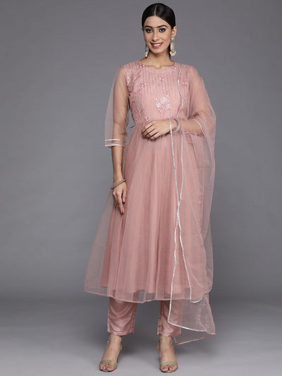 Mauve Embroidered Net Anarkali Suit Set With Trousers - Libas