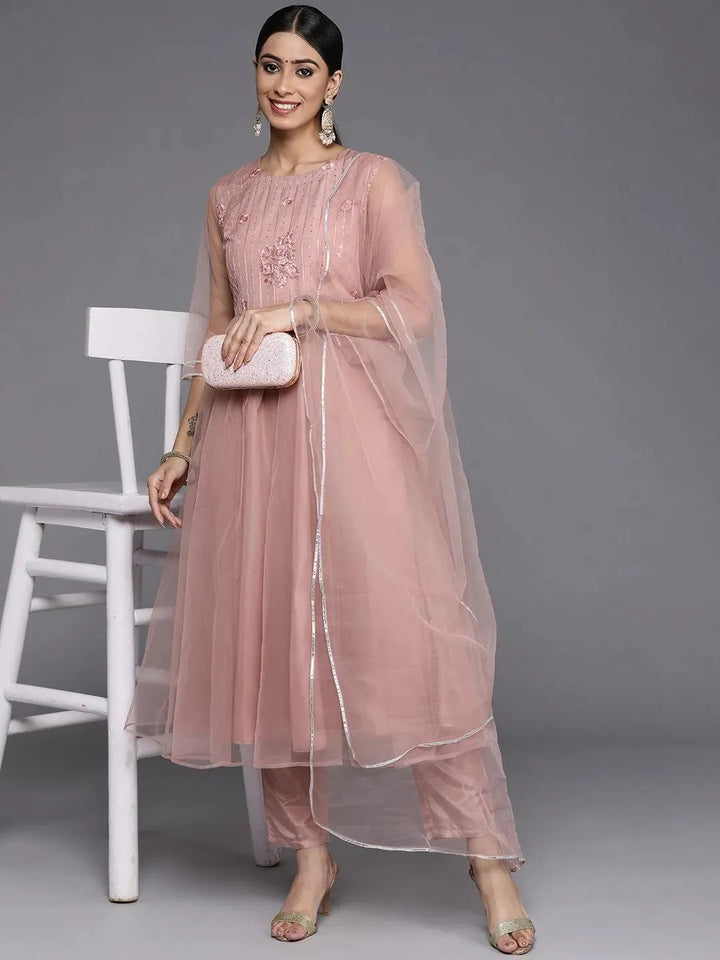 Mauve Embroidered Net Anarkali Suit Set With Trousers - Libas