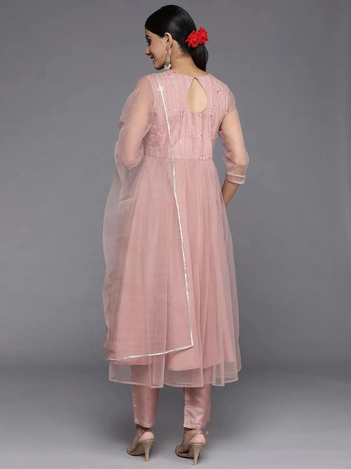 Mauve Embroidered Net Anarkali Suit Set With Trousers - Libas