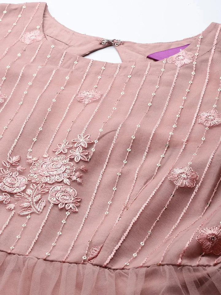 Mauve Embroidered Net Anarkali Suit Set With Trousers - Libas