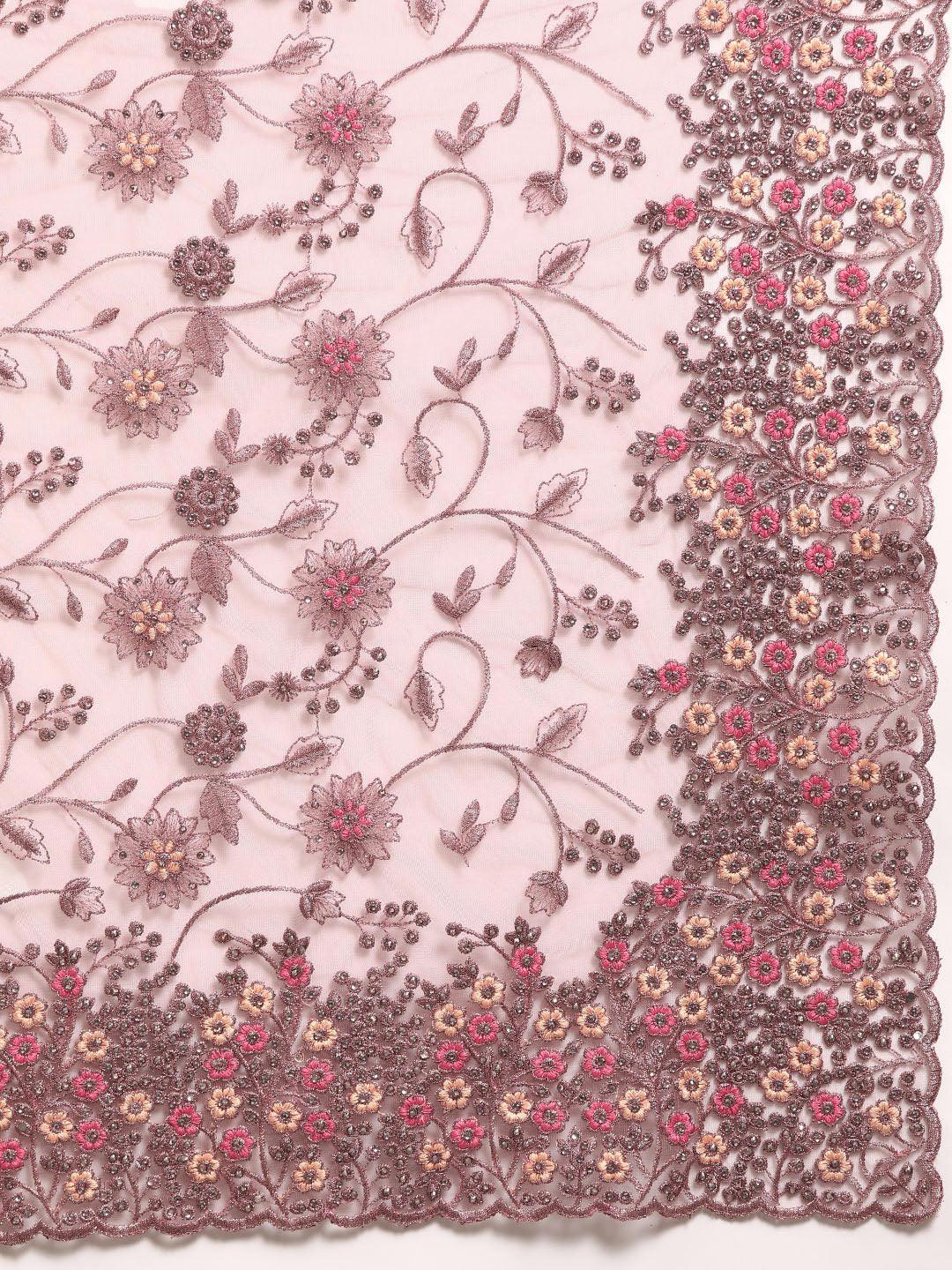 Mauve Embroidered Net Saree - Libas