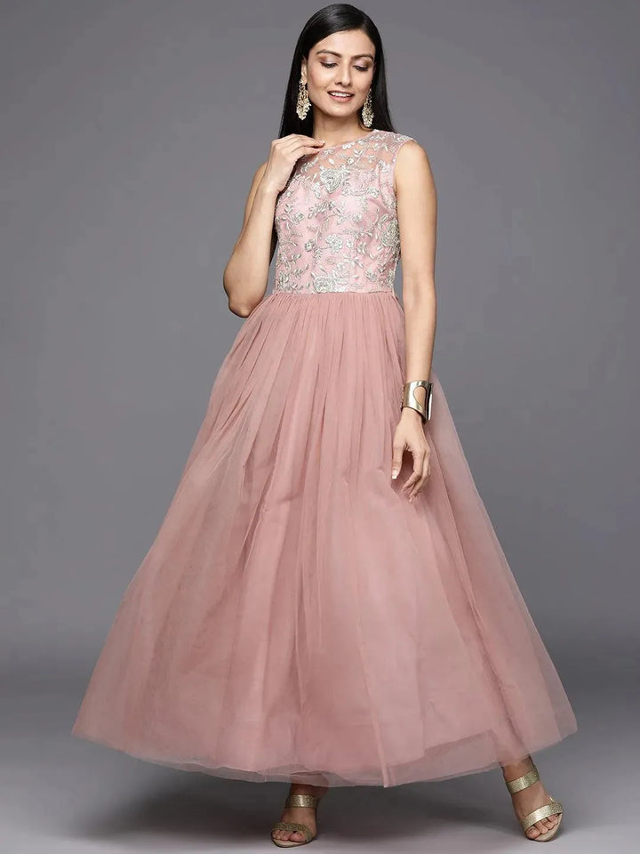 Mauve Embroidered Nylon Gown Dress - Libas