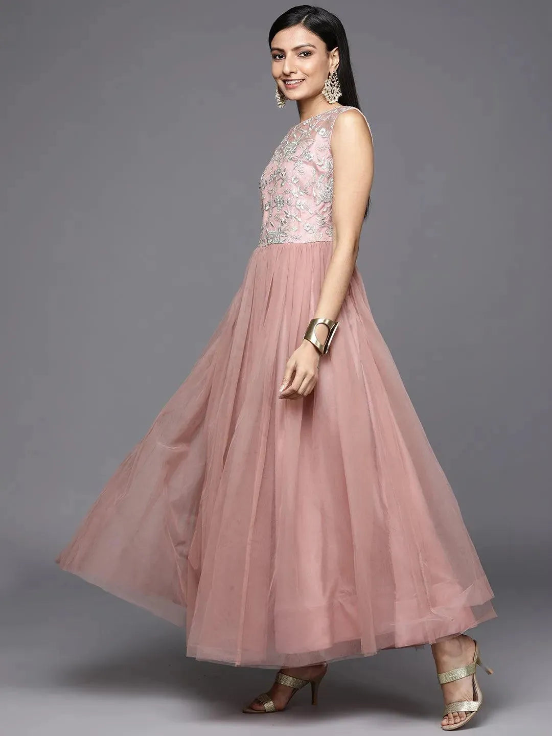 Mauve Embroidered Nylon Gown Dress - Libas 