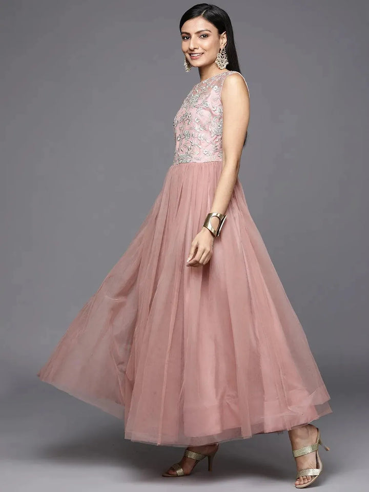 Mauve Embroidered Nylon Gown Dress - Libas