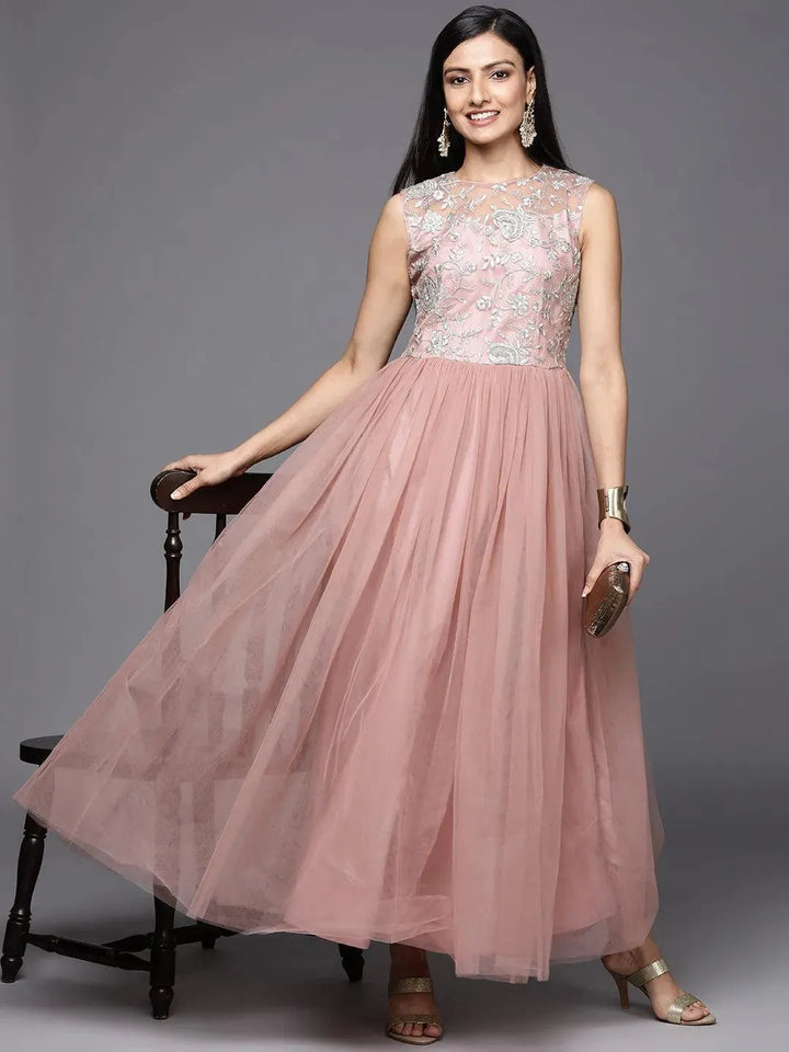 Mauve Embroidered Nylon Gown Dress - Libas