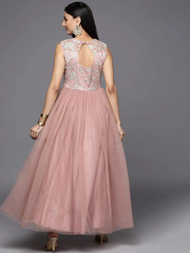 Mauve Embroidered Nylon Gown Dress - Libas