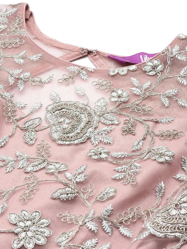 Mauve Embroidered Nylon Gown Dress - Libas