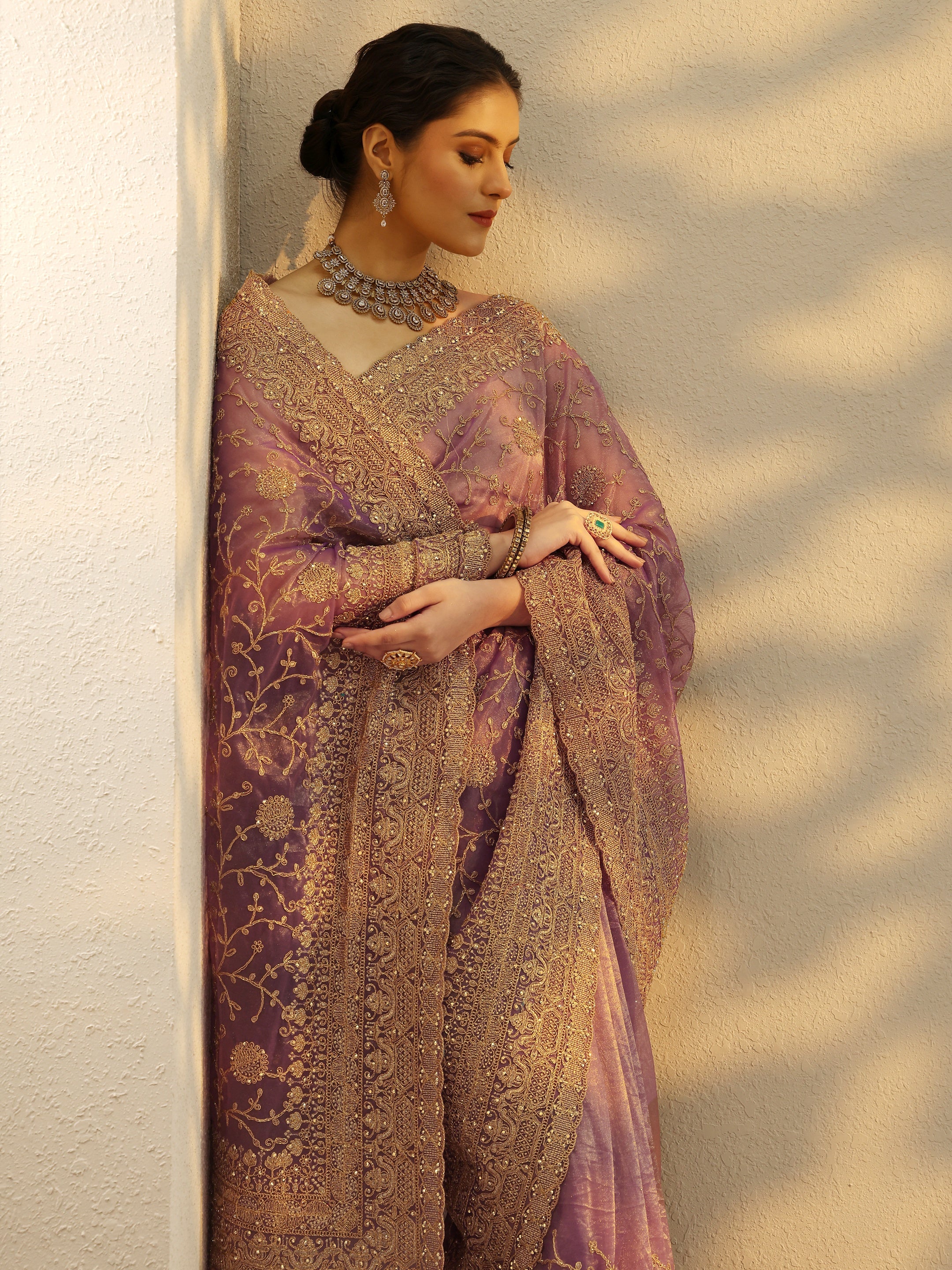 Mauve Embroidered Nylon Saree With Unstitched Blouse Piece-image-6
