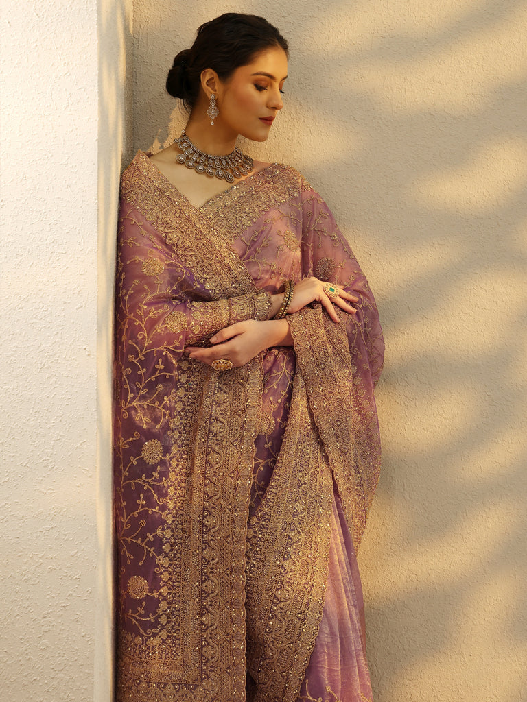Libas Mauve Embroidered Nylon Saree With Unstitched Blouse Piece