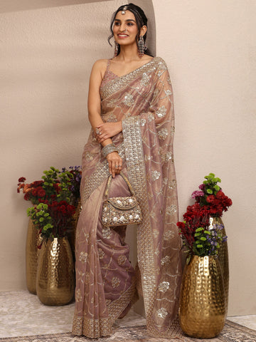 Mauve Embroidered Organza Saree With Unstitched Blouse Piece