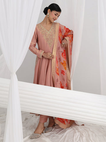 Mauve Embroidered Silk Blend A-Line Suit Set With Dupatta