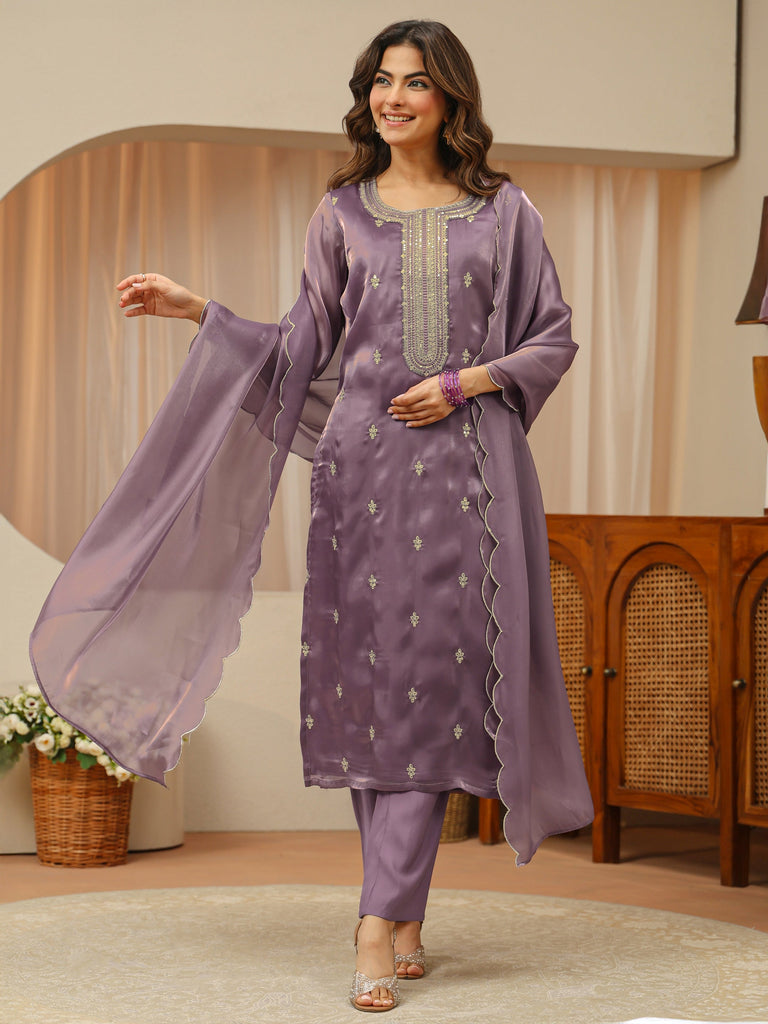 Gerua Mauve Ethnic Embroidered Tissue Straight Suit Set