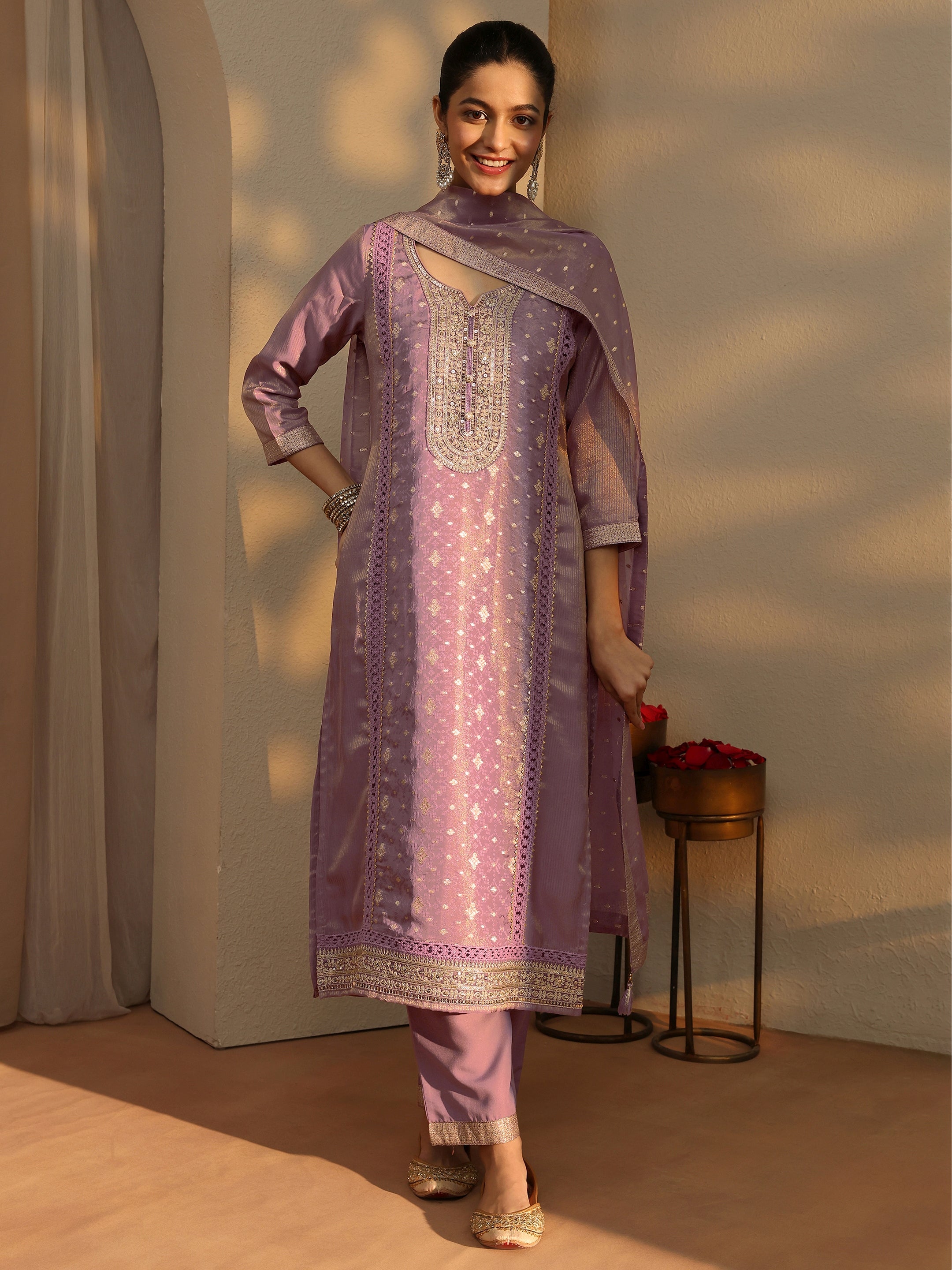 libas Mauve Ethnic Motifs Woven Design Silk Blend Straight Suit Set With Dupatta-picture-34