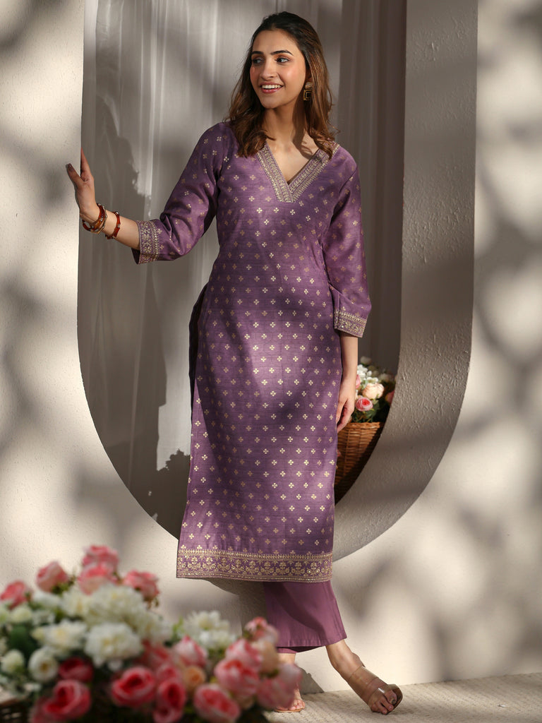 Libas Mauve Ethnic Printed Chanderi Silk Straight Kurta