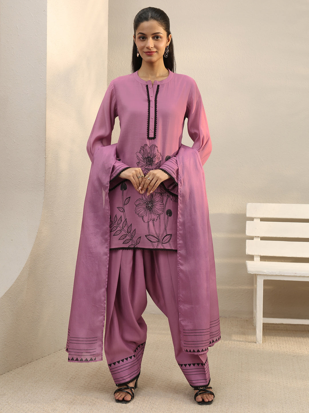 Mauve Floral Embroidered Chanderi Silk Straight Suit Set 