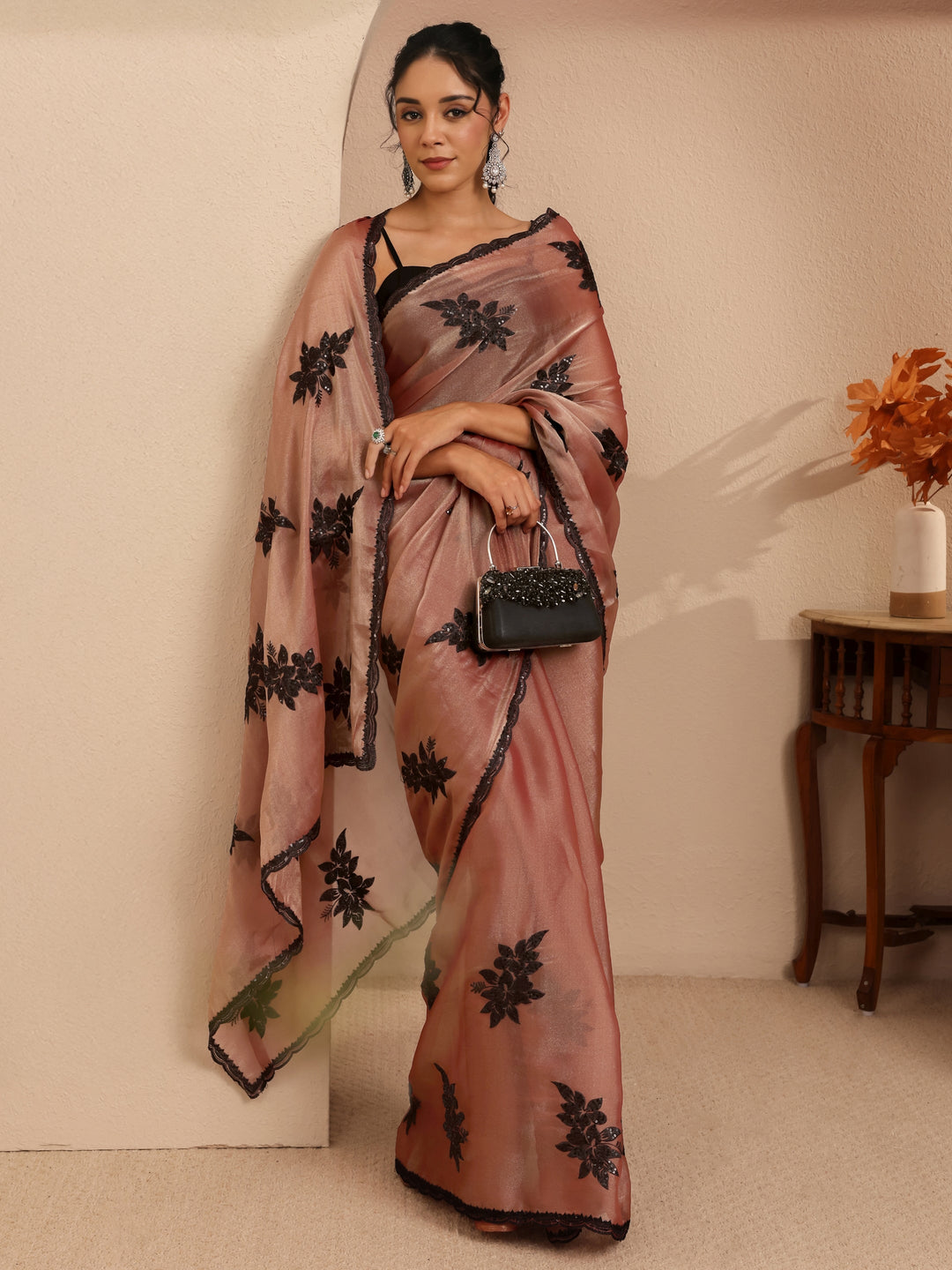  Mauve Floral Embroidered Organza Saree 