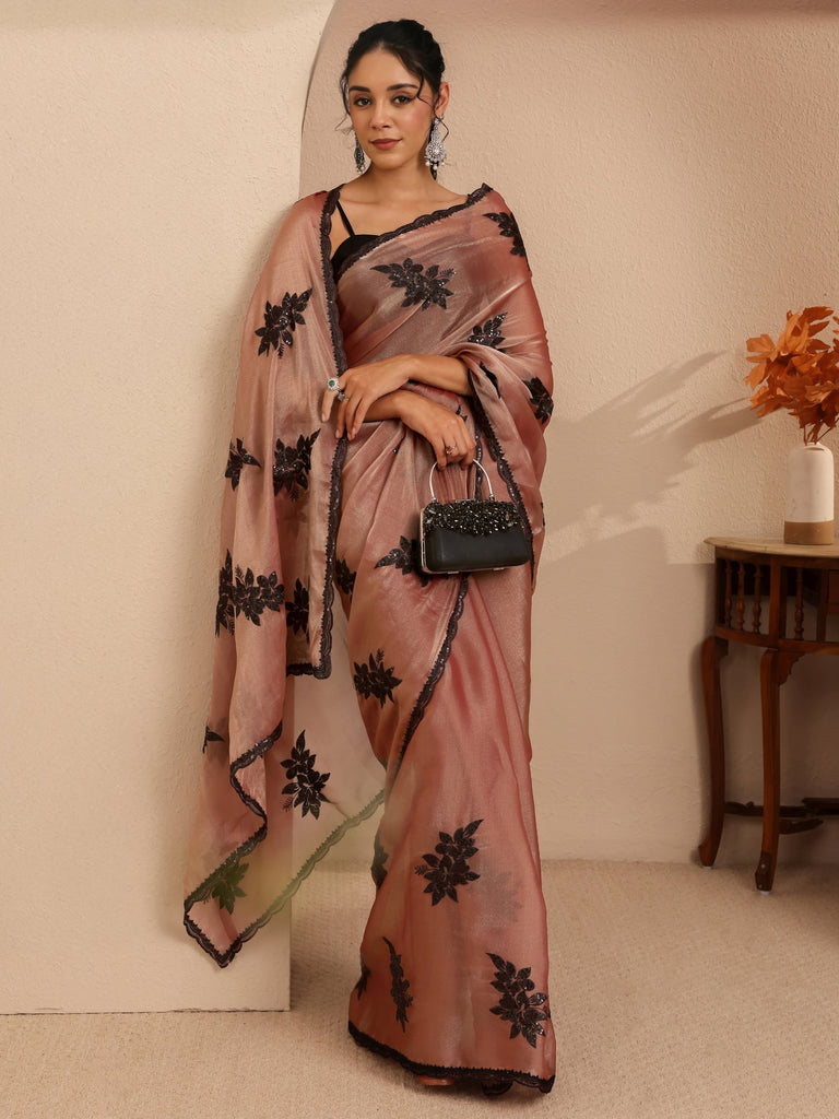 Libas Mauve Floral Embroidered Organza Saree