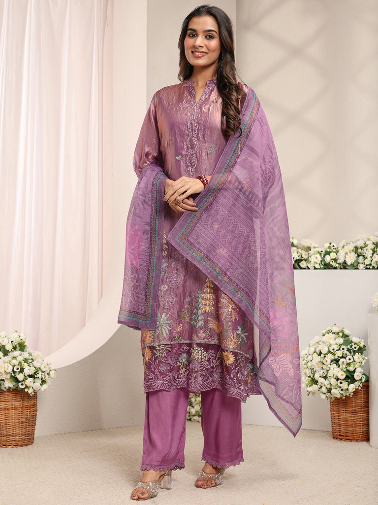 Libas Mauve Floral Embroidered Organza Straight Suit Set with Dupatta