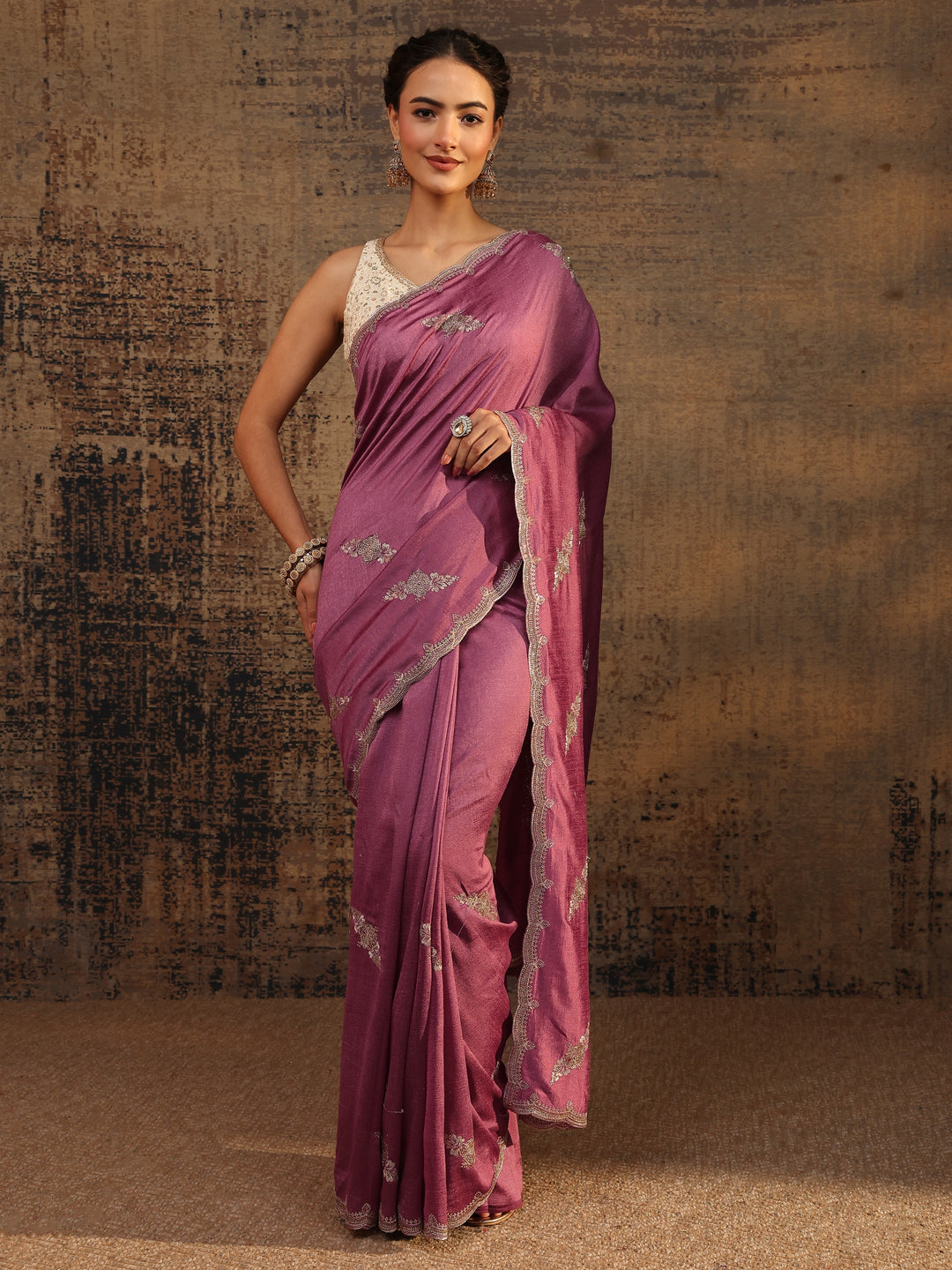  Mauve Floral Embroidered Silk Blend Saree With Unstitched Blouse Piece 