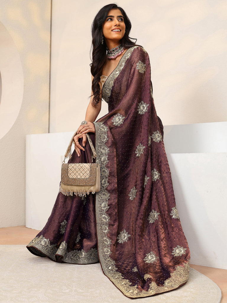 Libas Mauve Floral Embroidered Tissue Saree