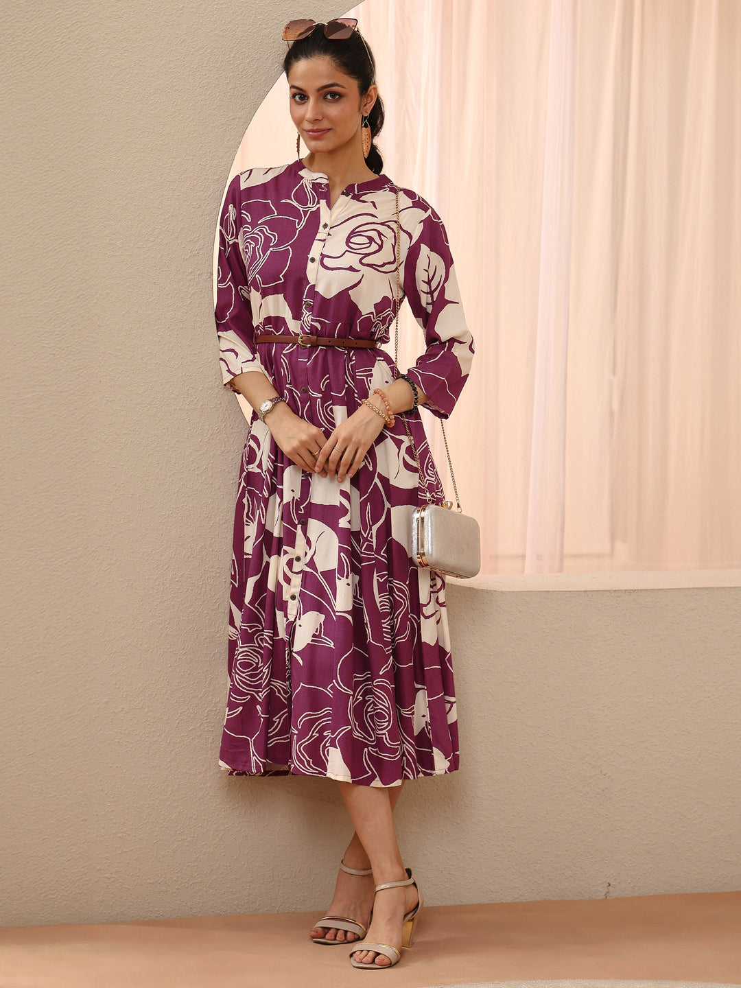  Mauve Floral Printed Cotton Blend A-Line Shirt Dress 