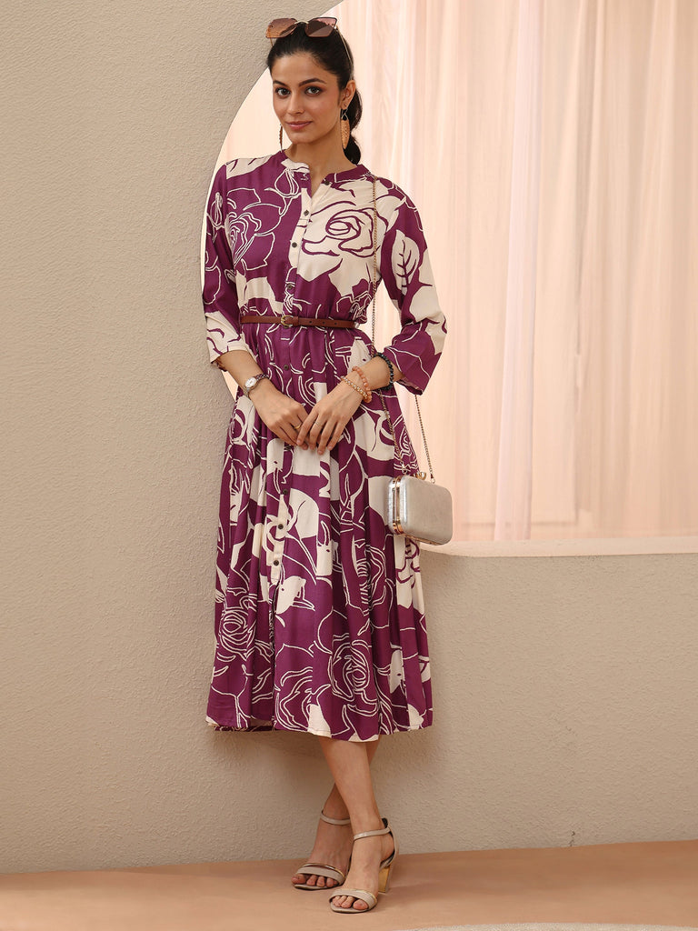 Libas Mauve Floral Printed Cotton Blend A-Line Shirt Dress